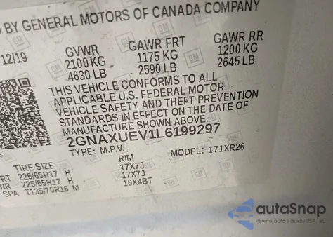 2020 Chevrolet Equinox Awd Lt 1.5L Turbo из США, поврежденный, VIN 2GNAXUEV1L6199297